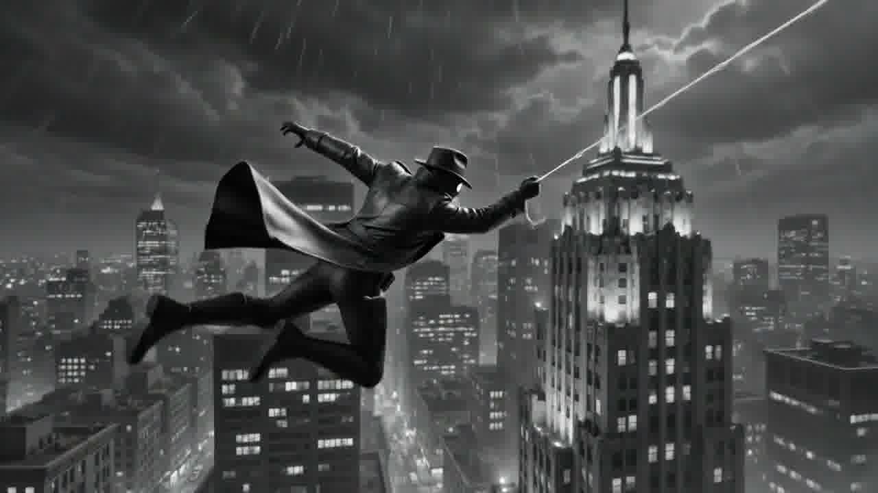 Spider-Noir frame sequence still in the city fog