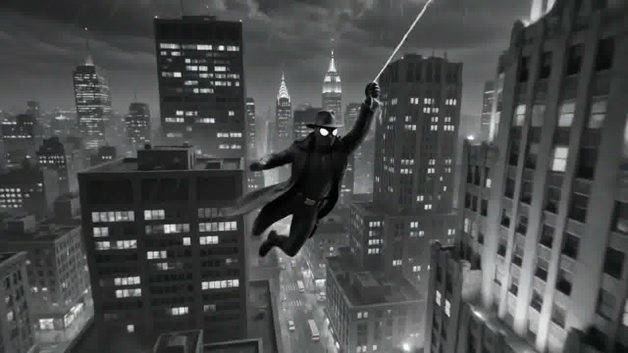 Spider-Noir frame sequence still under blue city light