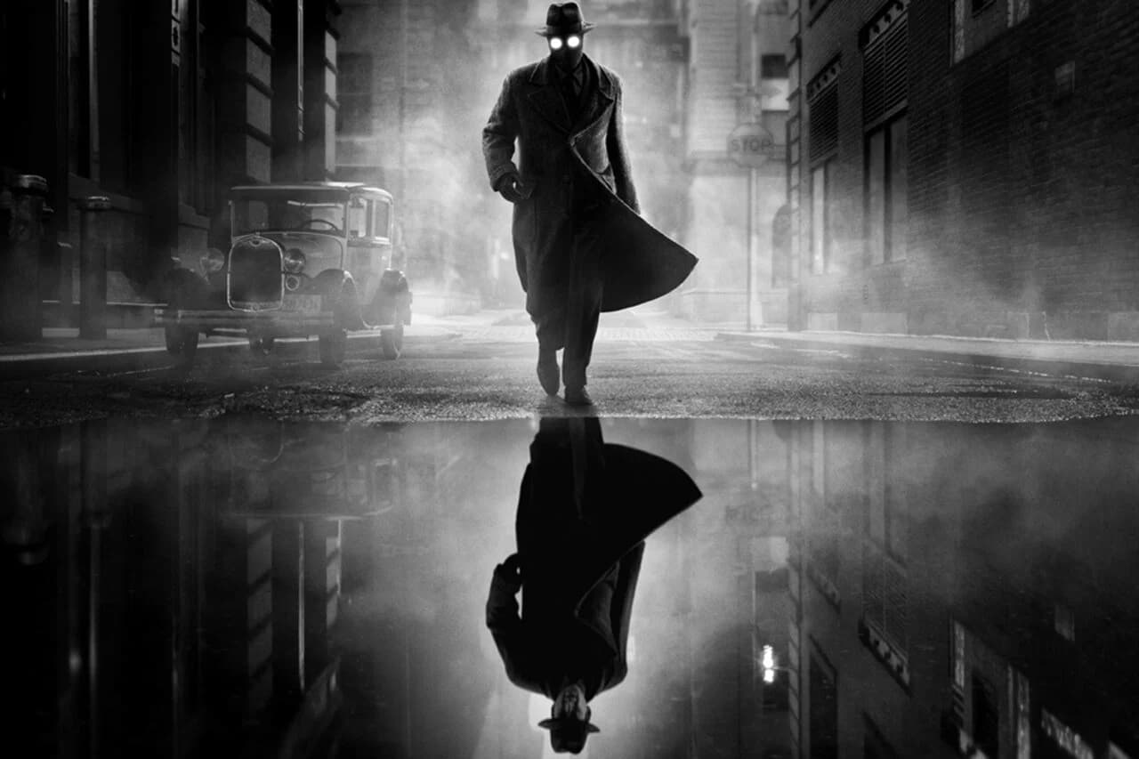 Spider-Noir walking through the fog of Noir City